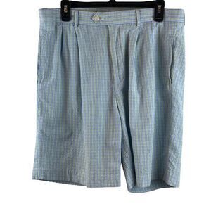 Fairway & Greene Men's Blue Green Plaid Seersucker Chino Golf Shorts Size 34
